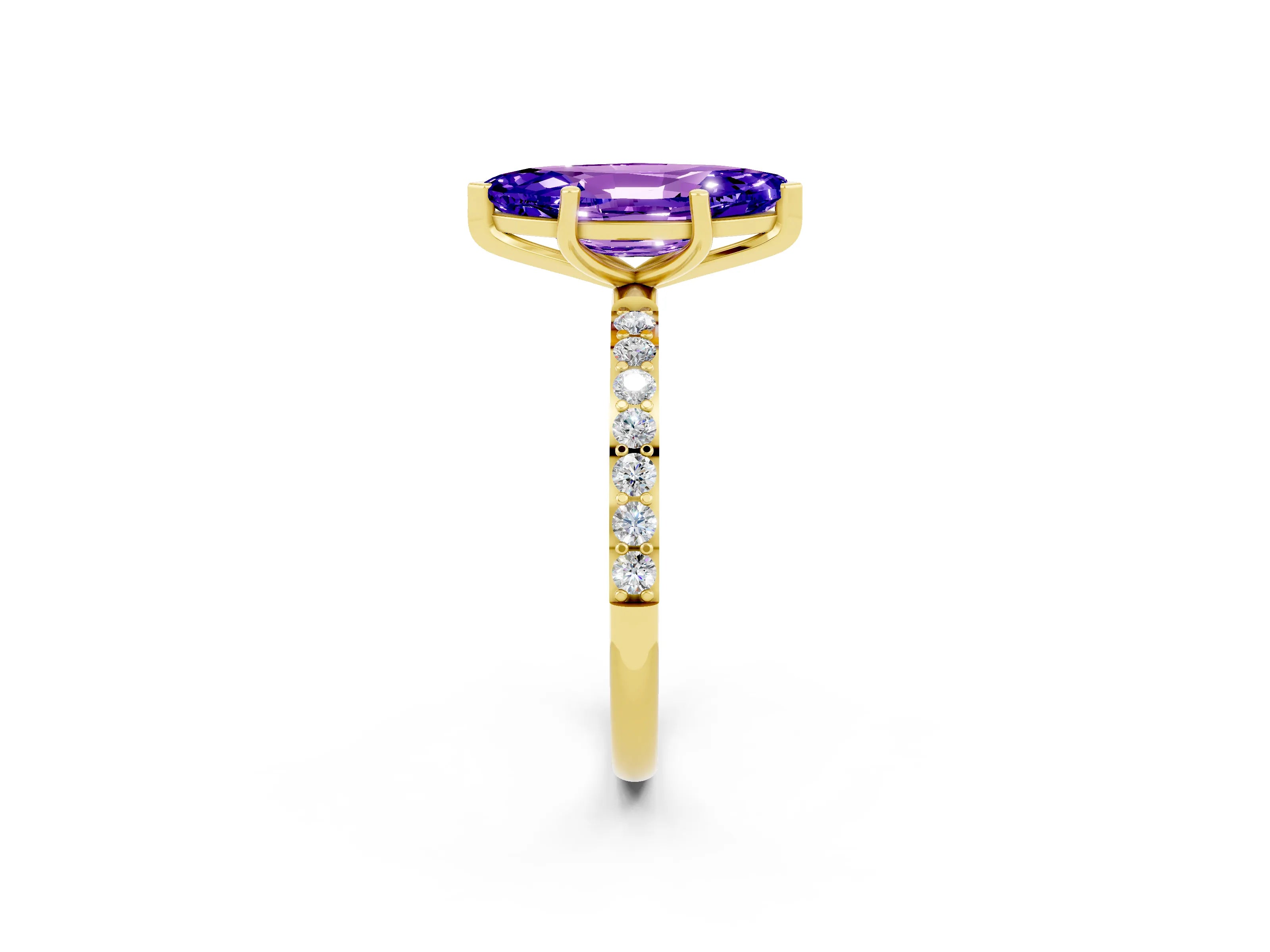 Yellow gold Marquise Cut Tanzanite Solitaire Ring with Pave Band and Four Prong Setting_26
