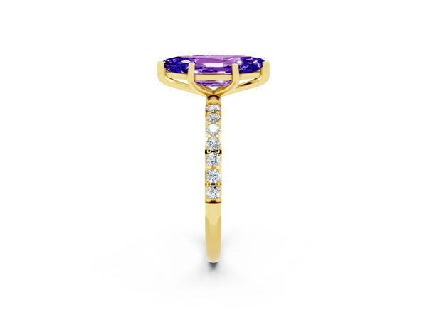 Yellow gold Marquise Cut Tanzanite Solitaire Ring with Round  Pavé Band and Prong Setting