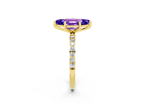 Yellow gold Marquise Cut Tanzanite Solitaire Ring with Pave Band and Four Prong Setting_26