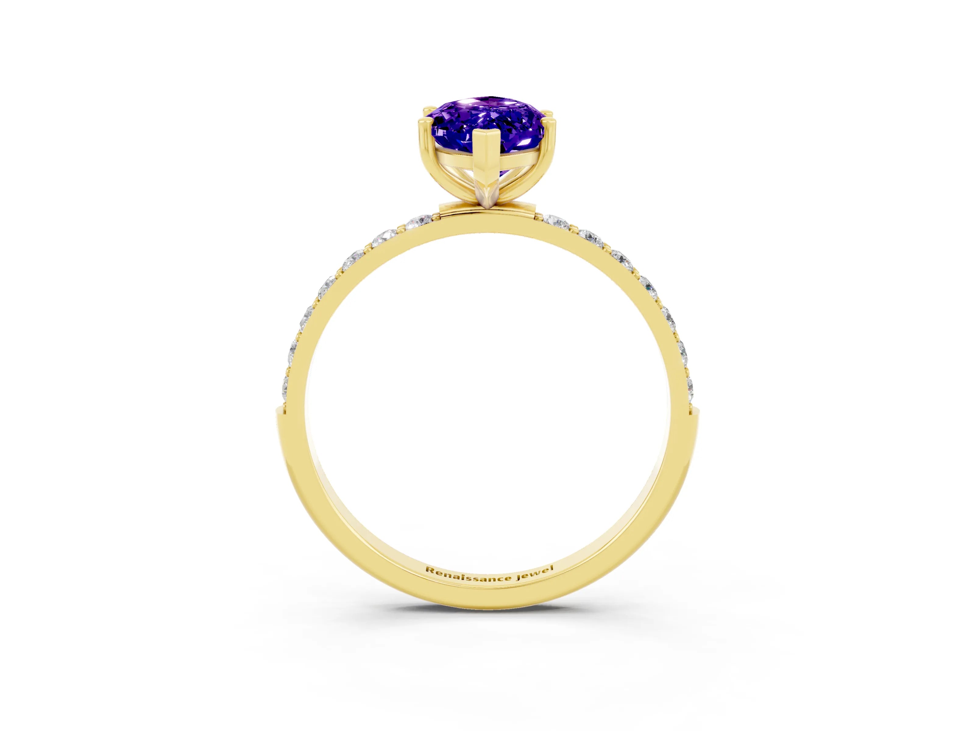 Yellow gold Marquise Cut Tanzanite Solitaire Ring with Pave Band and Four Prong Setting_27