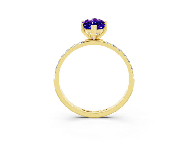 Yellow gold Marquise Cut Tanzanite Solitaire Ring with Round  Pavé Band and Prong Setting