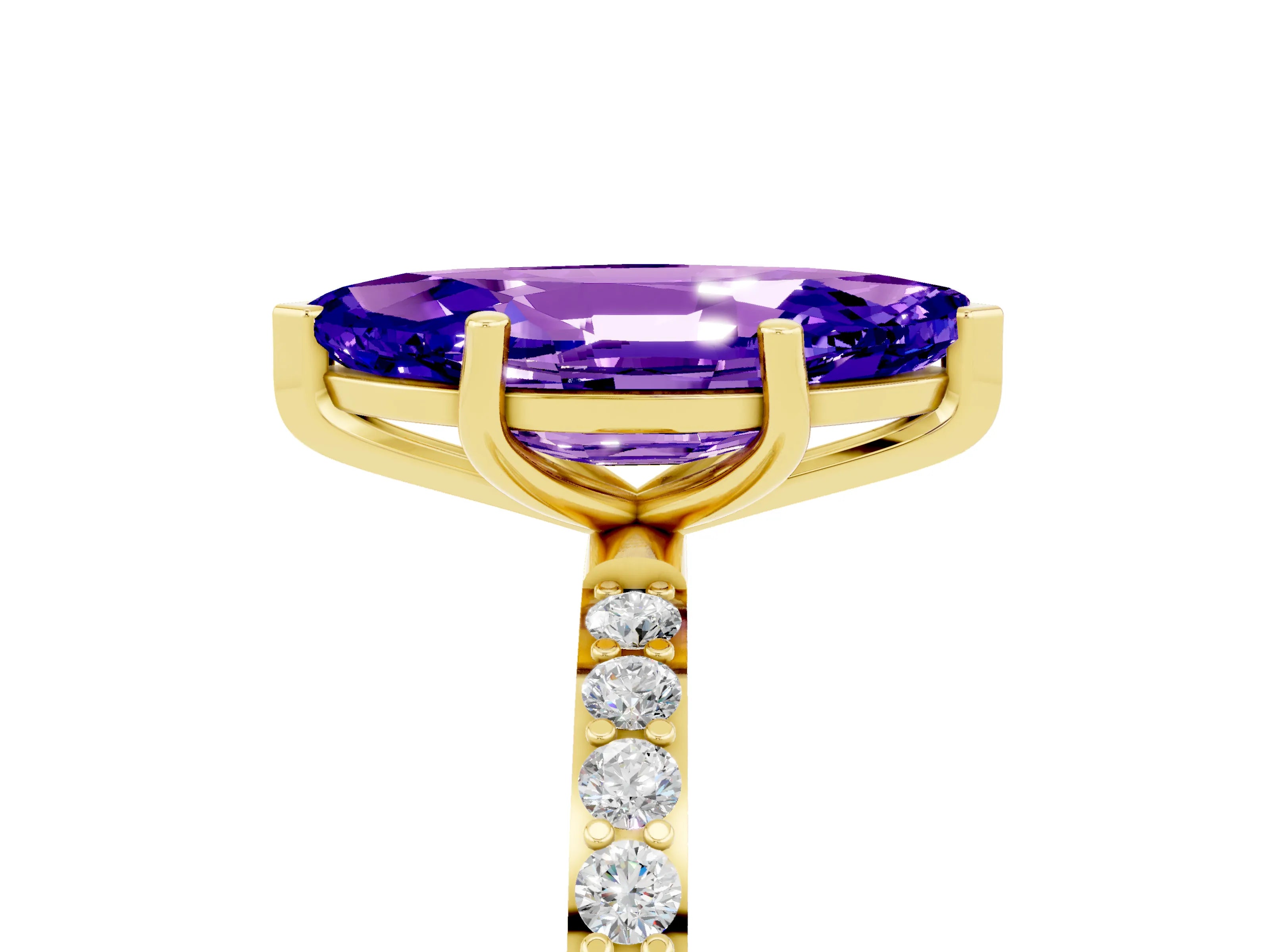 Yellow gold Marquise Cut Tanzanite Solitaire Ring with Pave Band and Four Prong Setting_29