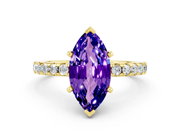 Yellow gold Marquise Cut Tanzanite Solitaire Ring with Round  Pavé Band and Four-Prong Setting