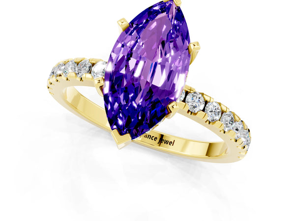 Yellow gold Marquise Cut Tanzanite Solitaire Ring with Round  Pavé Band and Four-Prong Setting