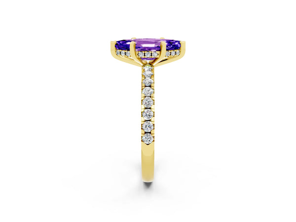 Yellow gold Marquise Cut Tanzanite Solitaire Ring with Round  Pavé Band and Four-Prong Setting