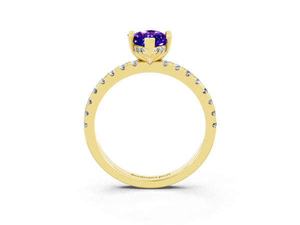 Yellow gold Marquise Cut Tanzanite Solitaire Ring with Round  Pavé Band and Four-Prong Setting