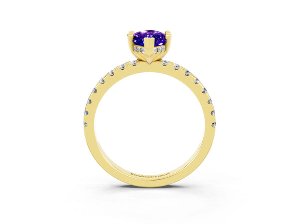 Yellow gold Marquise Cut Tanzanite Solitaire Ring with Round Pavé Band and Four-Prong Setting