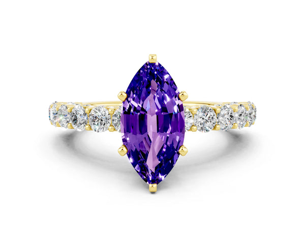 Yellow gold Marquise Cut Tanzanite Solitaire Ring with Shared Prong Pavé Band and Four-Prong Setting
