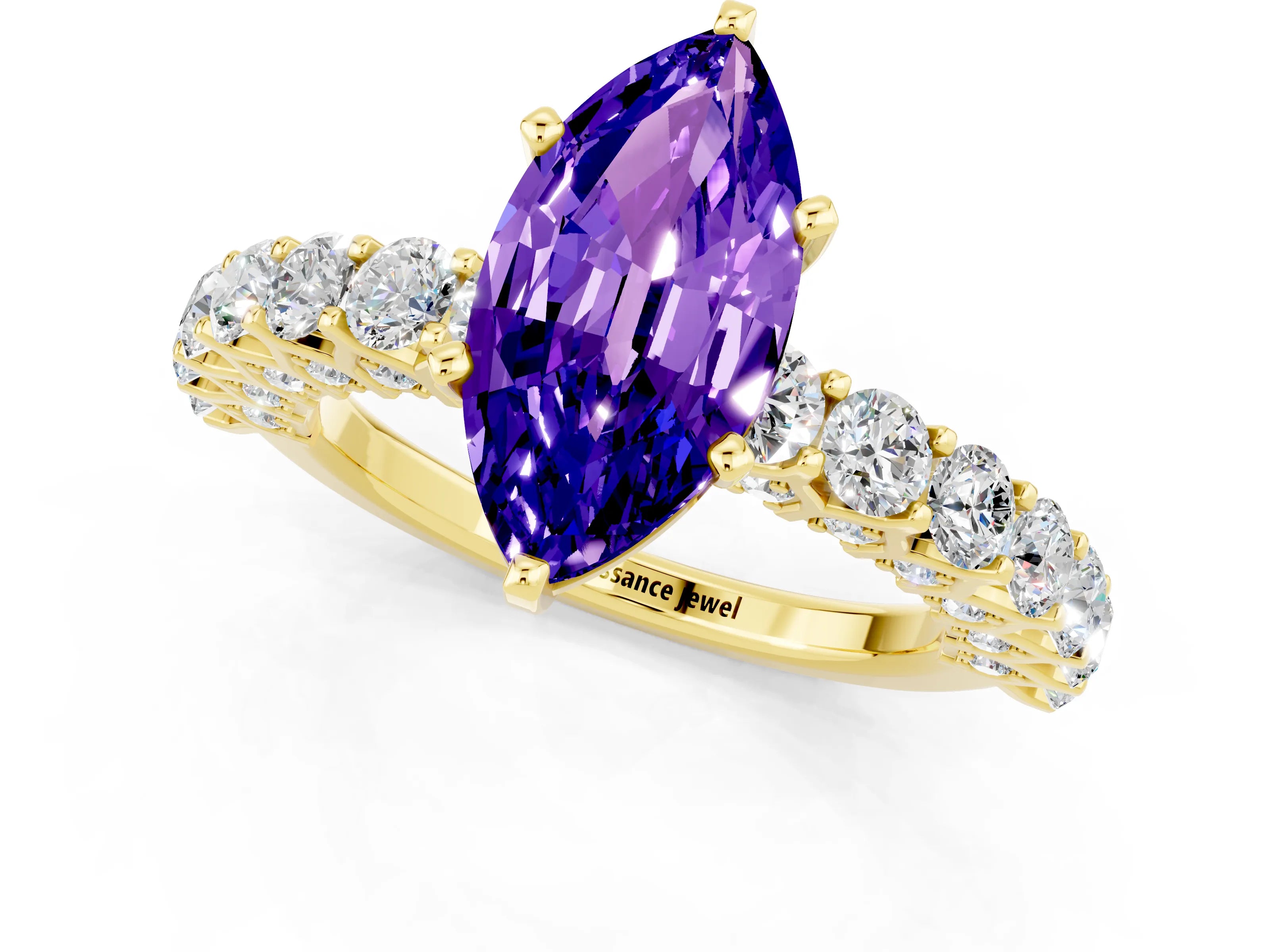 Yellow gold Marquise Cut Tanzanite Solitaire Ring with Shared Prong Pavé Band and Four-Prong Setting_1