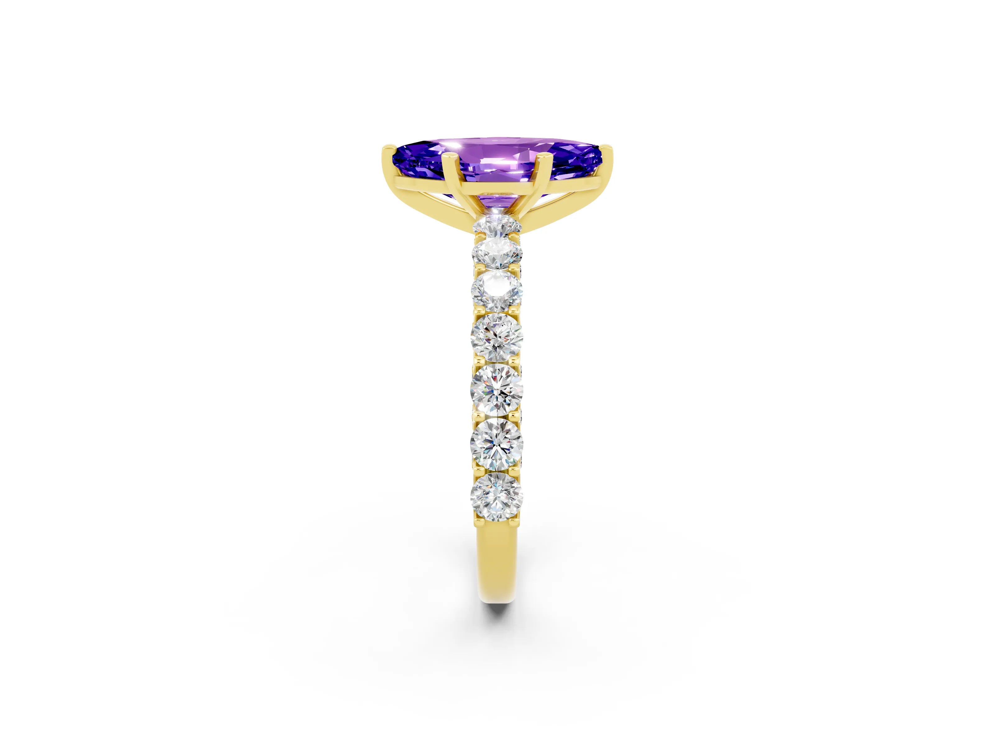 Yellow gold Marquise Cut Tanzanite Solitaire Ring with Shared Prong Pavé Band and Four-Prong Setting_2