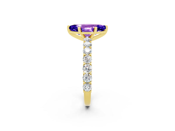 Yellow gold Marquise Cut Tanzanite Solitaire Ring with Shared Prong Pavé Band and Four-Prong Setting