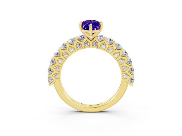 Yellow gold Marquise Cut Tanzanite Solitaire Ring with Shared Prong Pavé Band and Four-Prong Setting