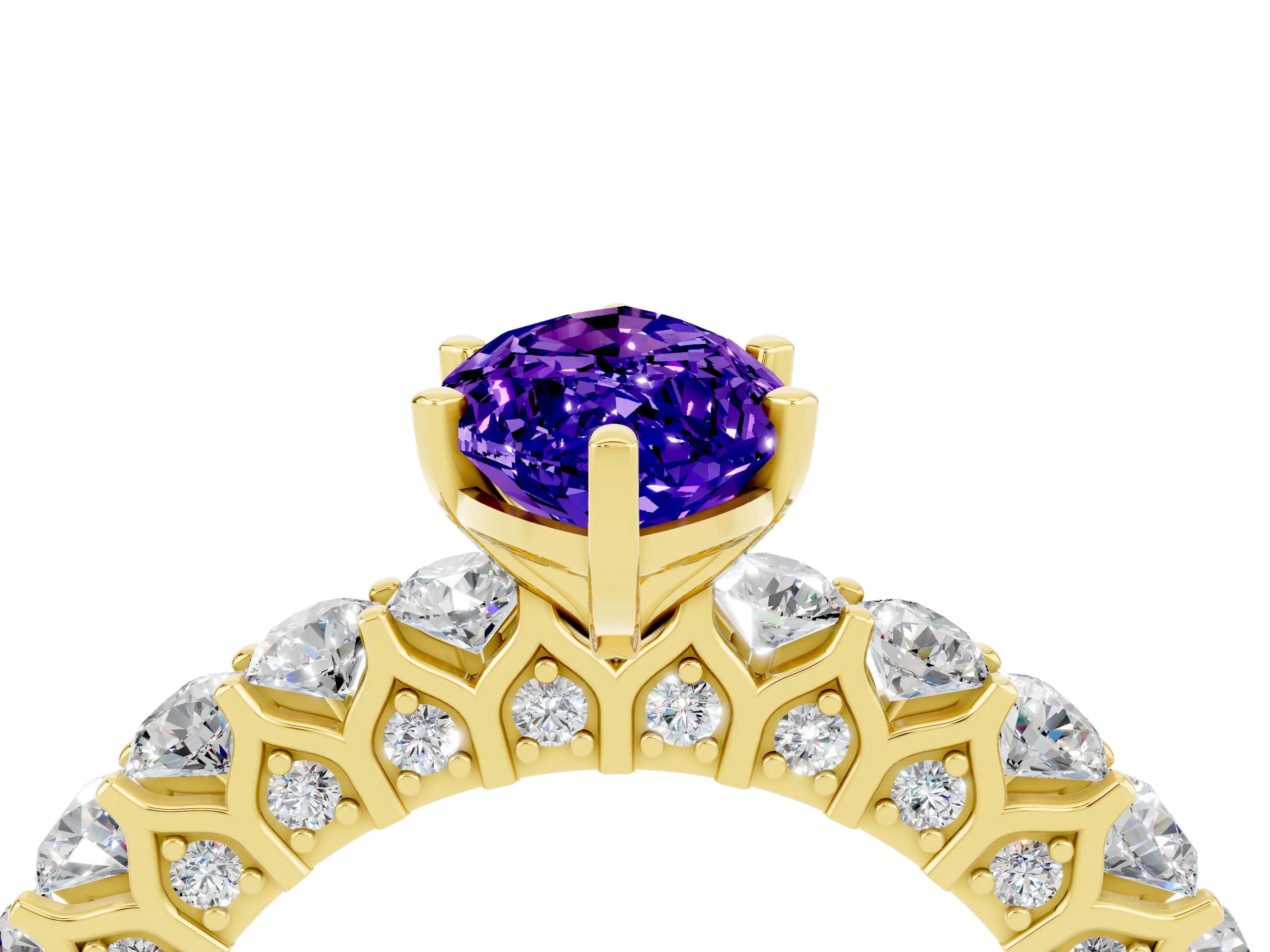 Yellow gold Marquise Cut Tanzanite Solitaire Ring with Shared Prong Pavé Band and Four-Prong Setting_4