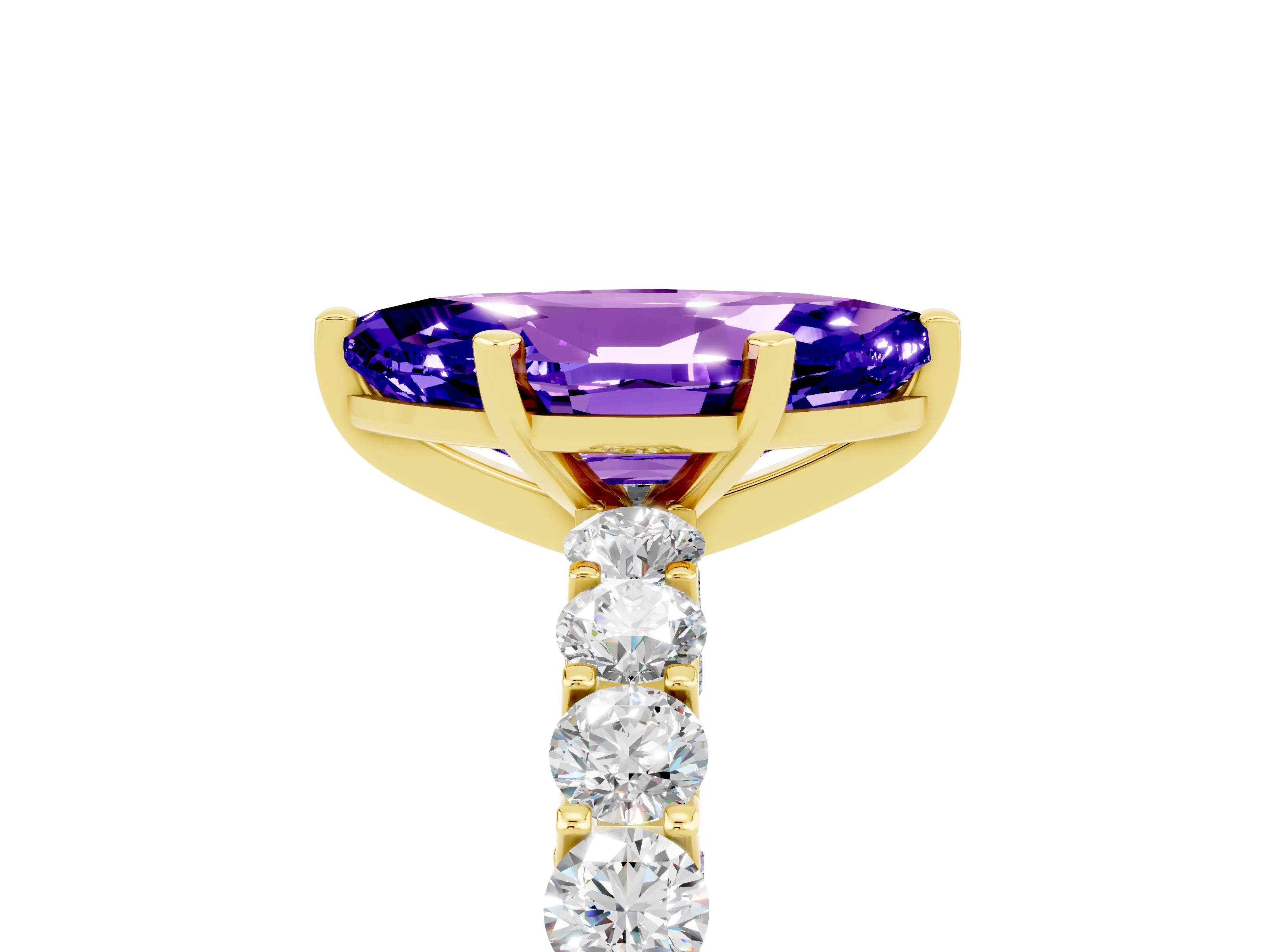Yellow gold Marquise Cut Tanzanite Solitaire Ring with Shared Prong Pavé Band and Four-Prong Setting_5
