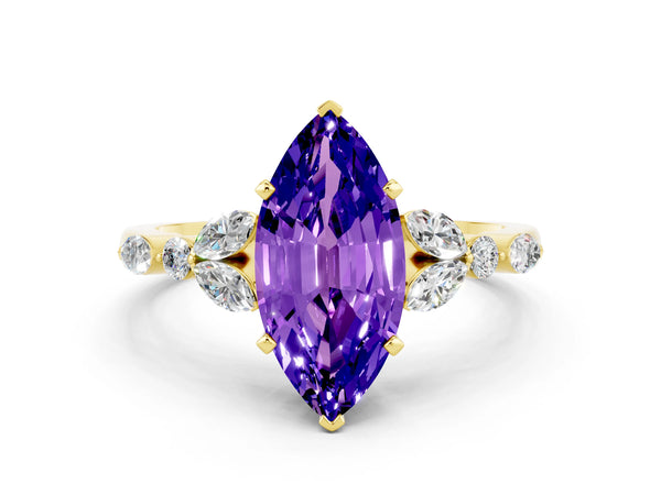 Yellow gold Marquise Cut Tanzanite Solitaire Ring with Side Stones and Four-Prong Setting