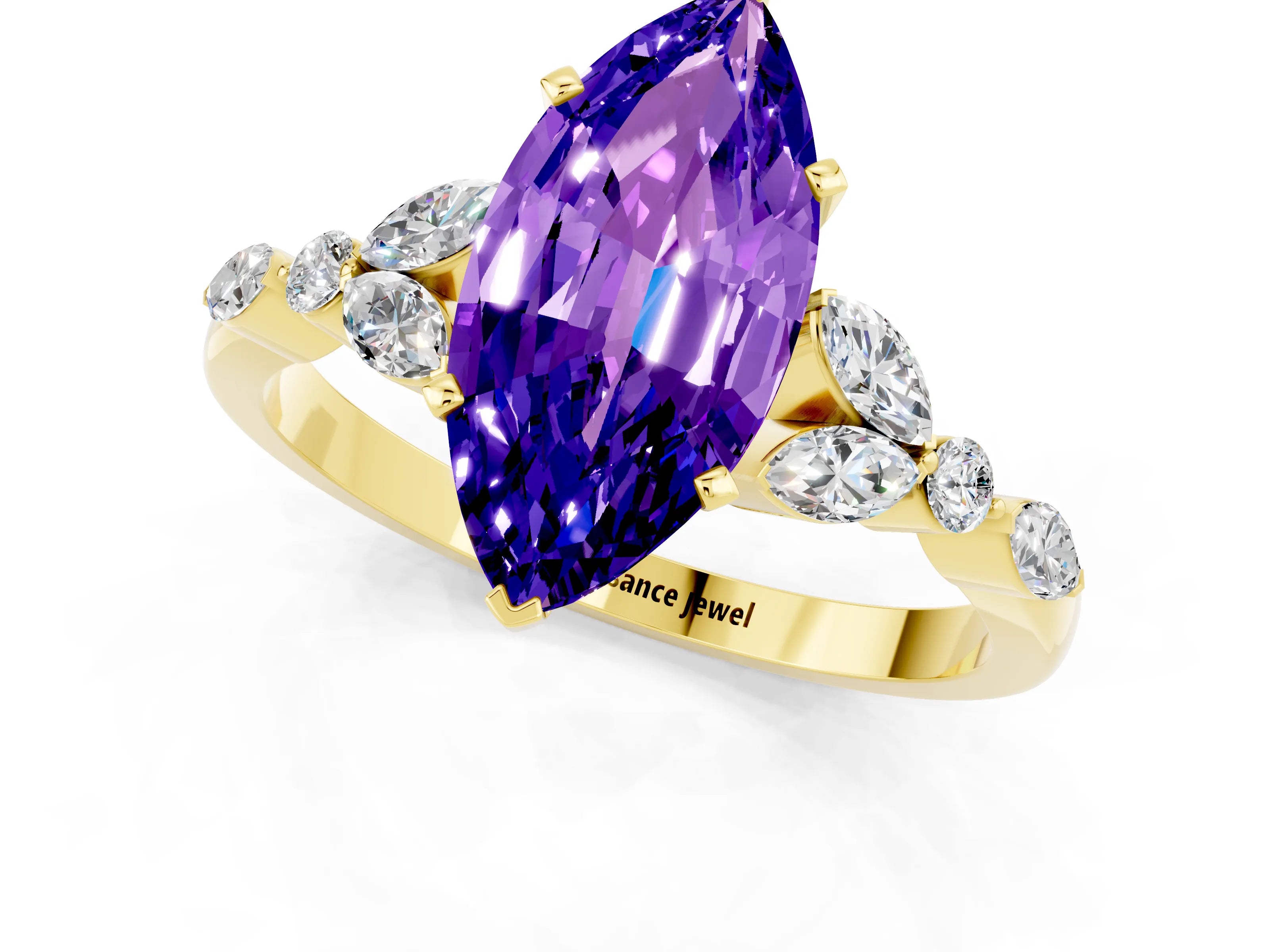 Yellow gold Marquise Cut Tanzanite Solitaire Ring with Side Stones and Four-Prong Setting_13