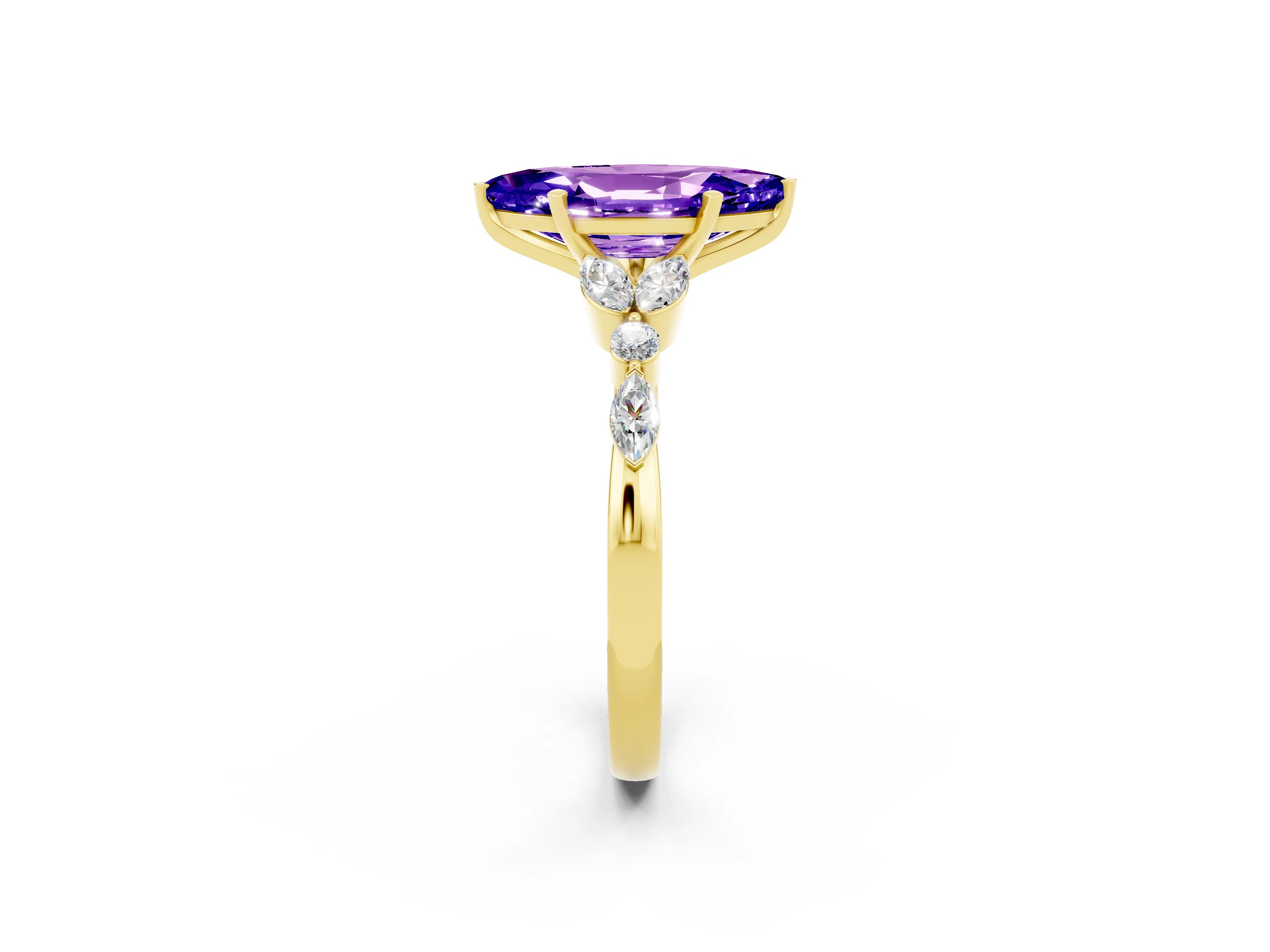 Yellow gold Marquise Cut Tanzanite Solitaire Ring with Side Stones and Four-Prong Setting_14