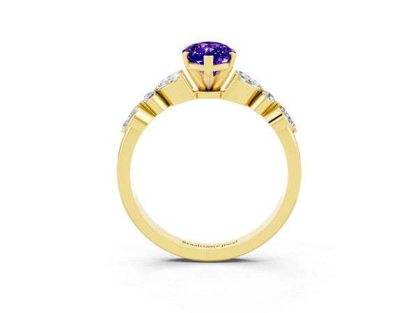 Yellow gold Marquise Cut Tanzanite Solitaire Ring with Side Stones and Four-Prong Setting