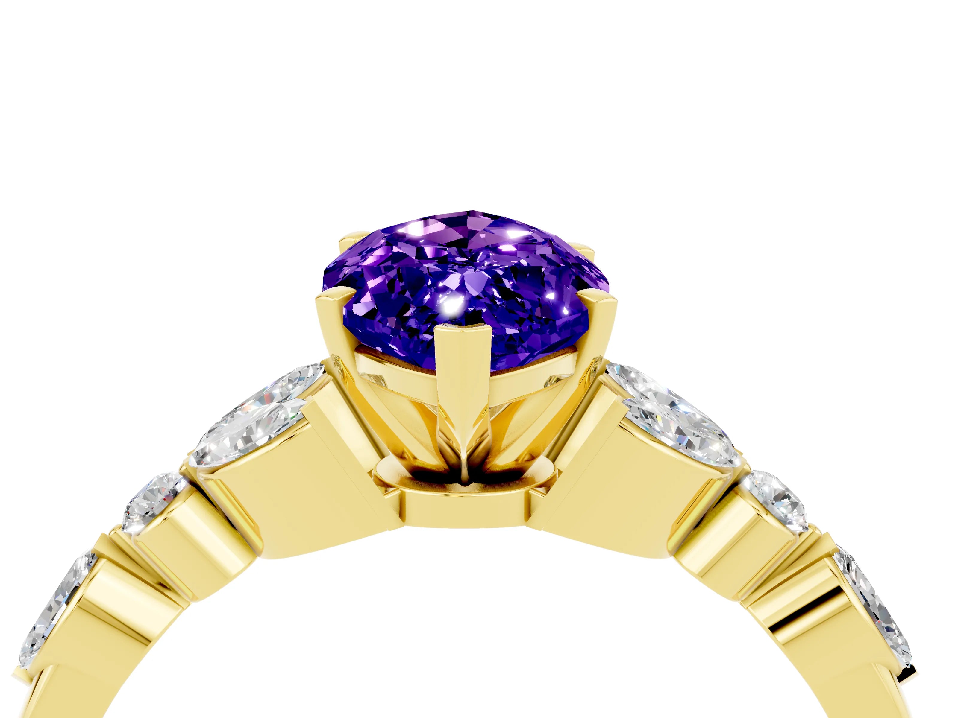 Yellow gold Marquise Cut Tanzanite Solitaire Ring with Side Stones and Four-Prong Setting_16