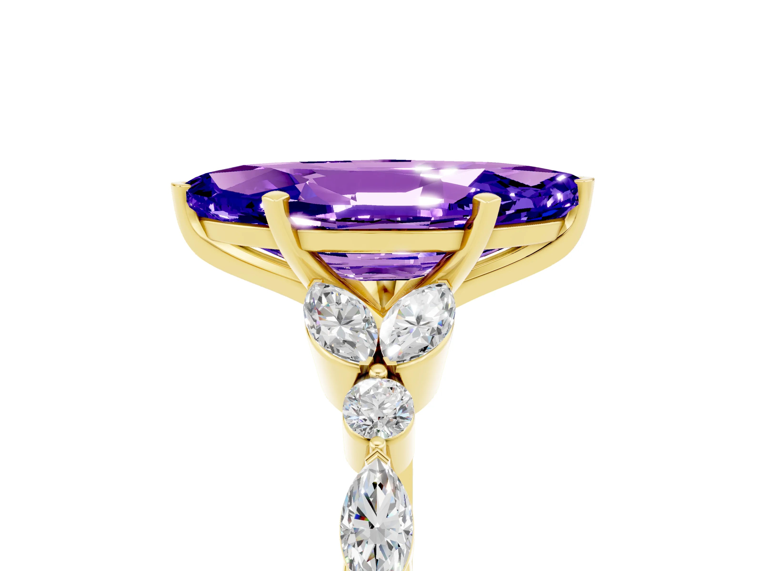Yellow gold Marquise Cut Tanzanite Solitaire Ring with Side Stones and Four-Prong Setting_17