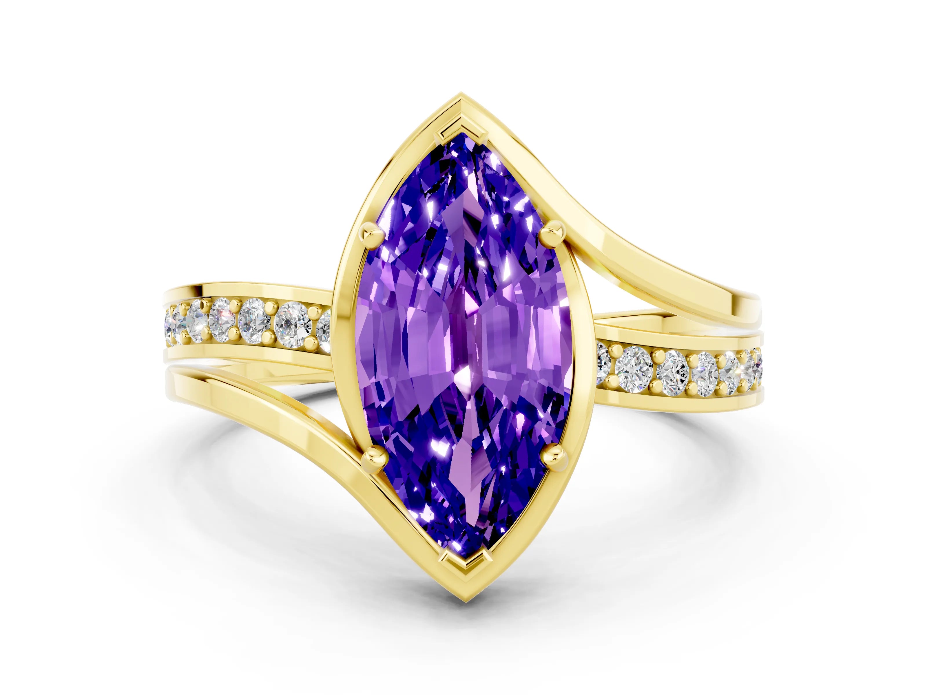 Yellow gold Marquise Cut Tanzanite Solitaire Ring with Split Shank and Prong Setting