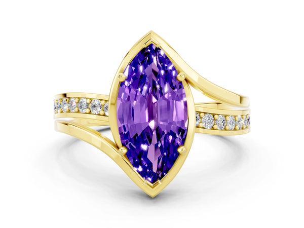 Yellow gold Marquise Cut Tanzanite Solitaire Ring with Split Shank and Prong Setting