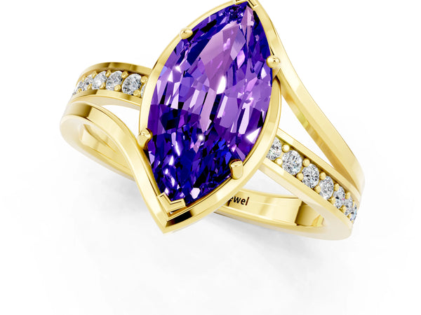 Yellow gold Marquise Cut Tanzanite Solitaire Ring with Split Shank and Prong Setting