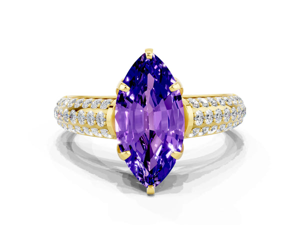 Yellow gold Marquise Cut Tanzanite Solitaire Ring with Three-Row Pavé Band and Four-Prong Setting