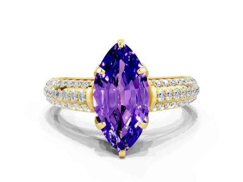 Yellow gold Marquise Cut Tanzanite Solitaire Ring with Three-Row Pavé Band and Four-Prong Setting_12