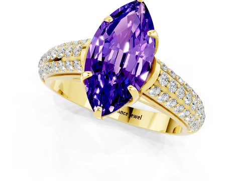 Yellow gold Marquise Cut Tanzanite Solitaire Ring with Three-Row Pavé Band and Four-Prong Setting_13