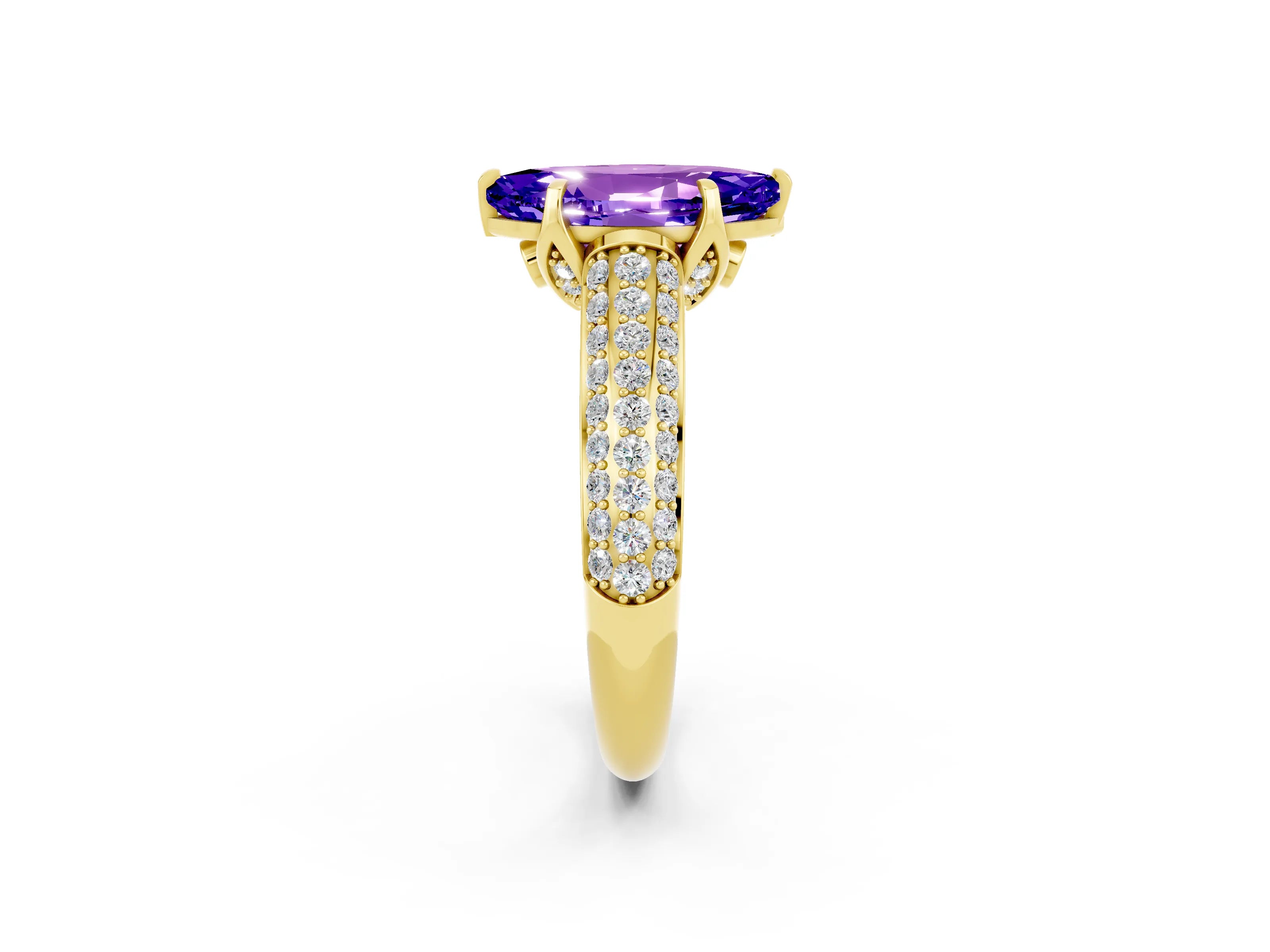Yellow gold Marquise Cut Tanzanite Solitaire Ring with Three-Row Pavé Band and Four-Prong Setting_14