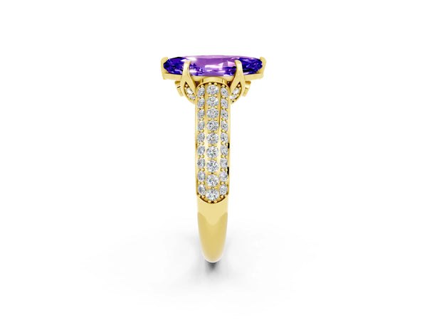 Yellow gold Marquise Cut Tanzanite Solitaire Ring with Three-Row Pavé Band and Four-Prong Setting