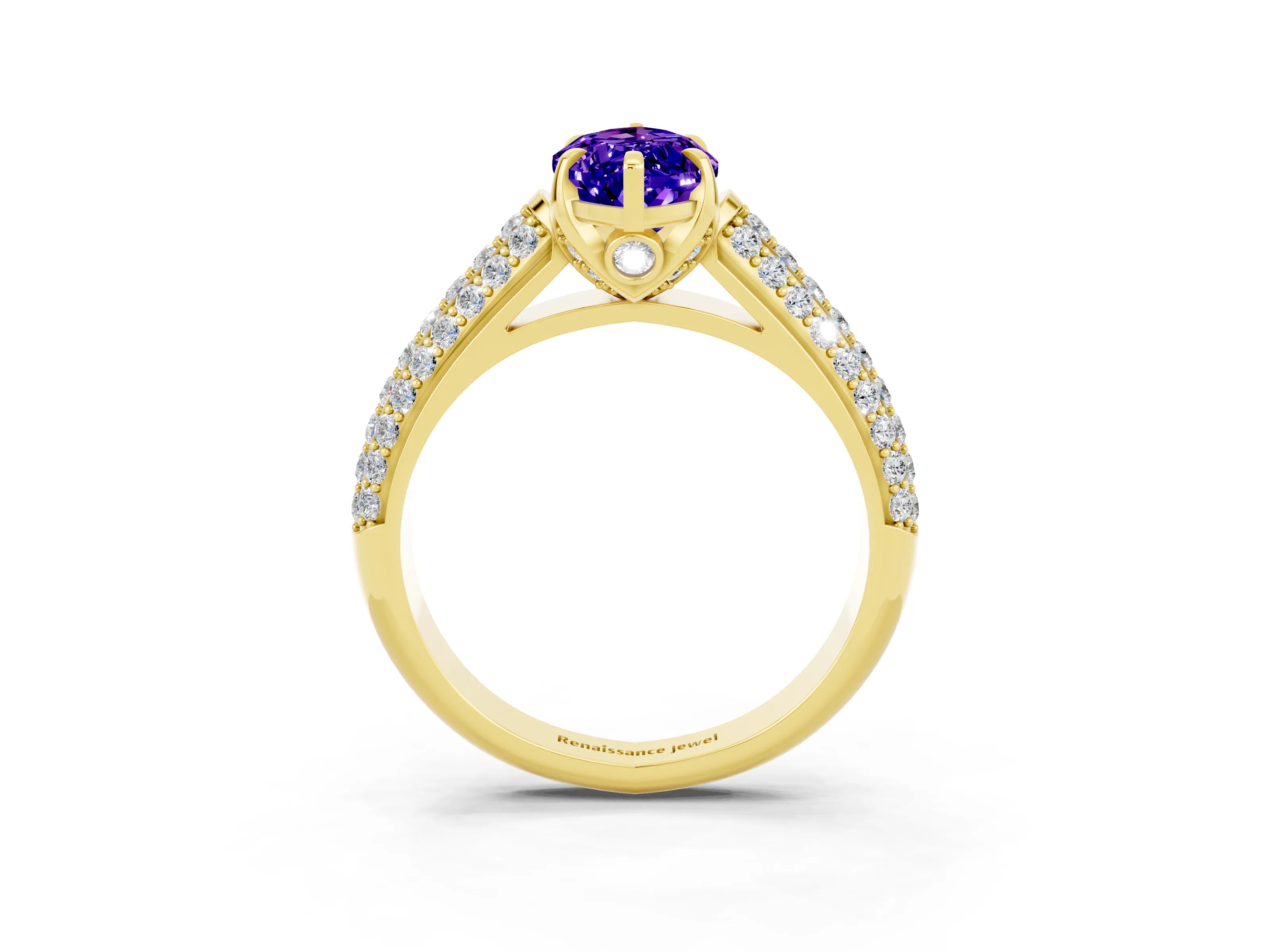 Yellow gold Marquise Cut Tanzanite Solitaire Ring with Three-Row Pavé Band and Four-Prong Setting_15