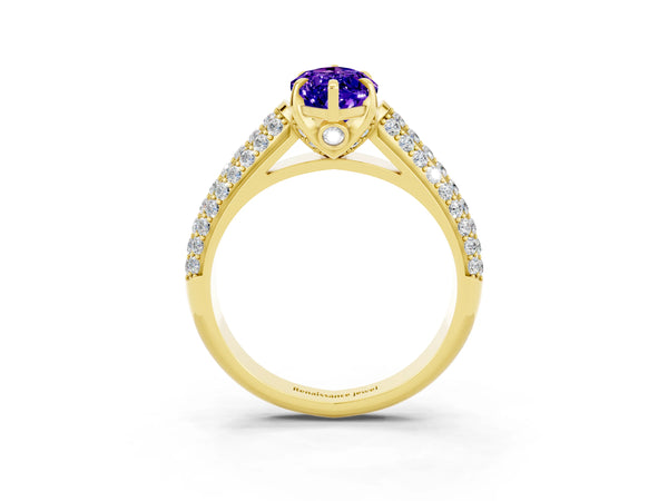 Yellow gold Marquise Cut Tanzanite Solitaire Ring with Three-Row Pavé Band and Four-Prong Setting