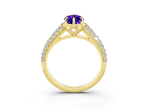 Yellow gold Marquise Cut Tanzanite Solitaire Ring with Three-Row Pavé Band and Four-Prong Setting_15