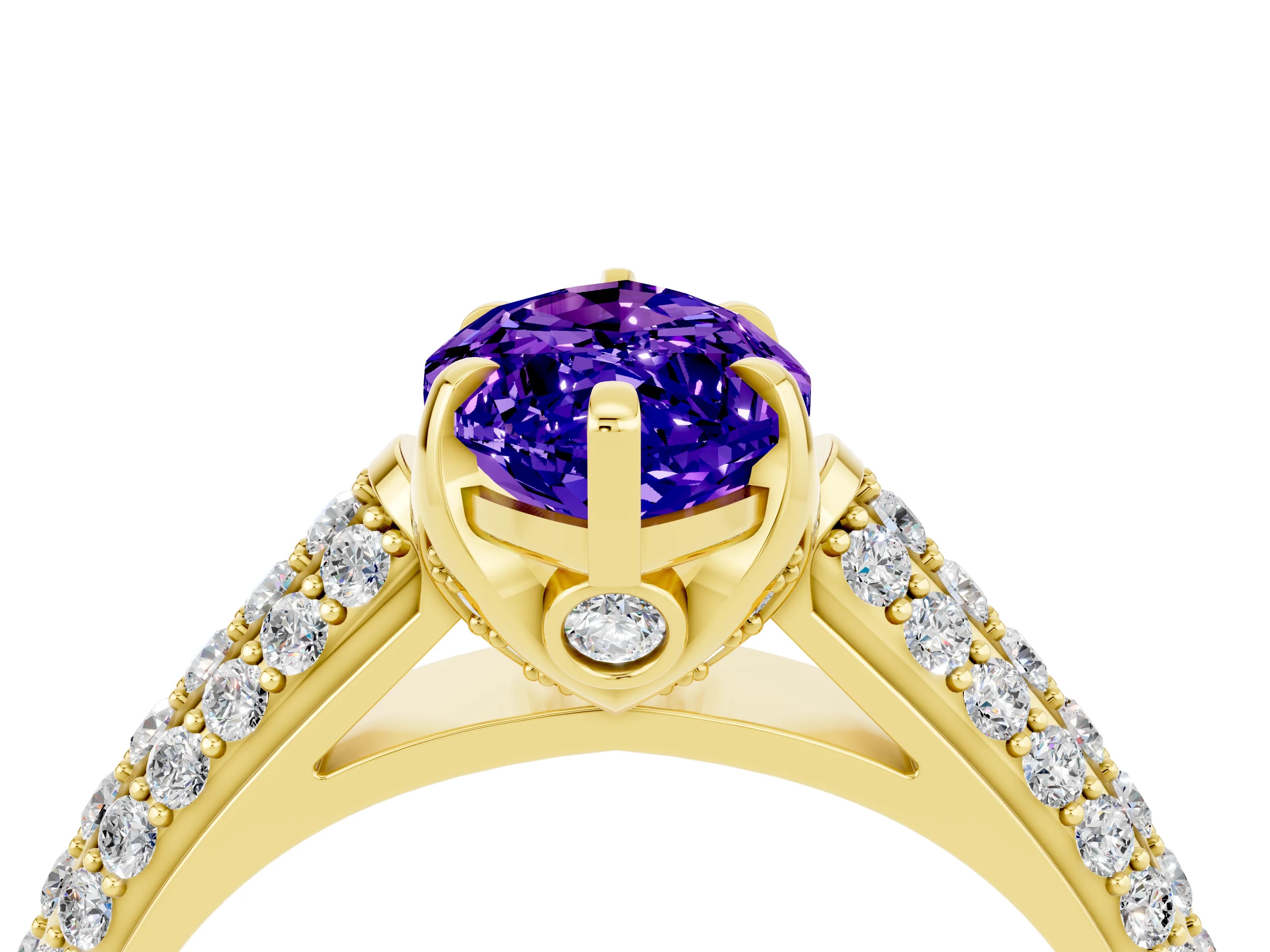 Yellow gold Marquise Cut Tanzanite Solitaire Ring with Three-Row Pavé Band and Four-Prong Setting_16