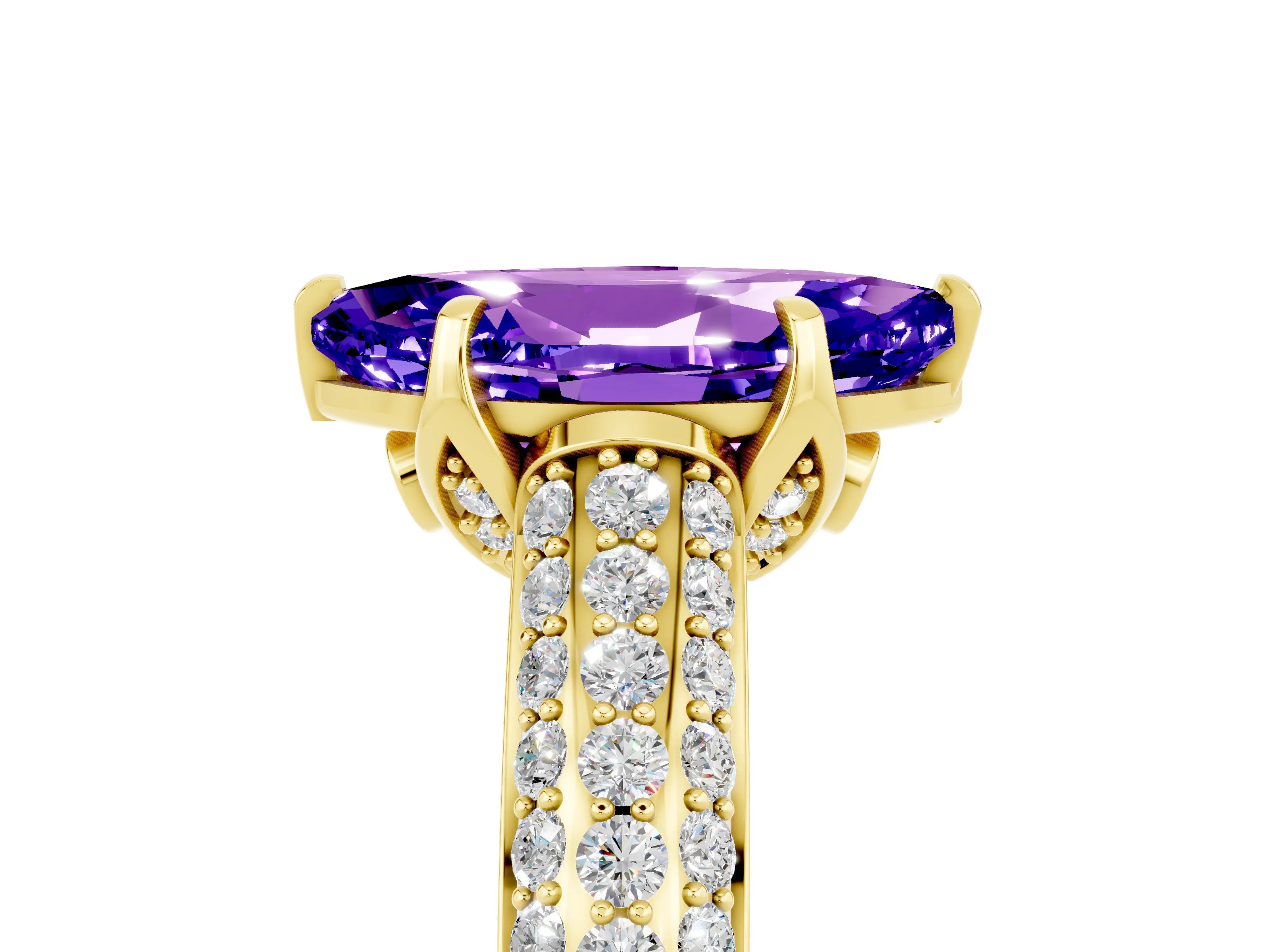 Yellow gold Marquise Cut Tanzanite Solitaire Ring with Three-Row Pavé Band and Four-Prong Setting_17