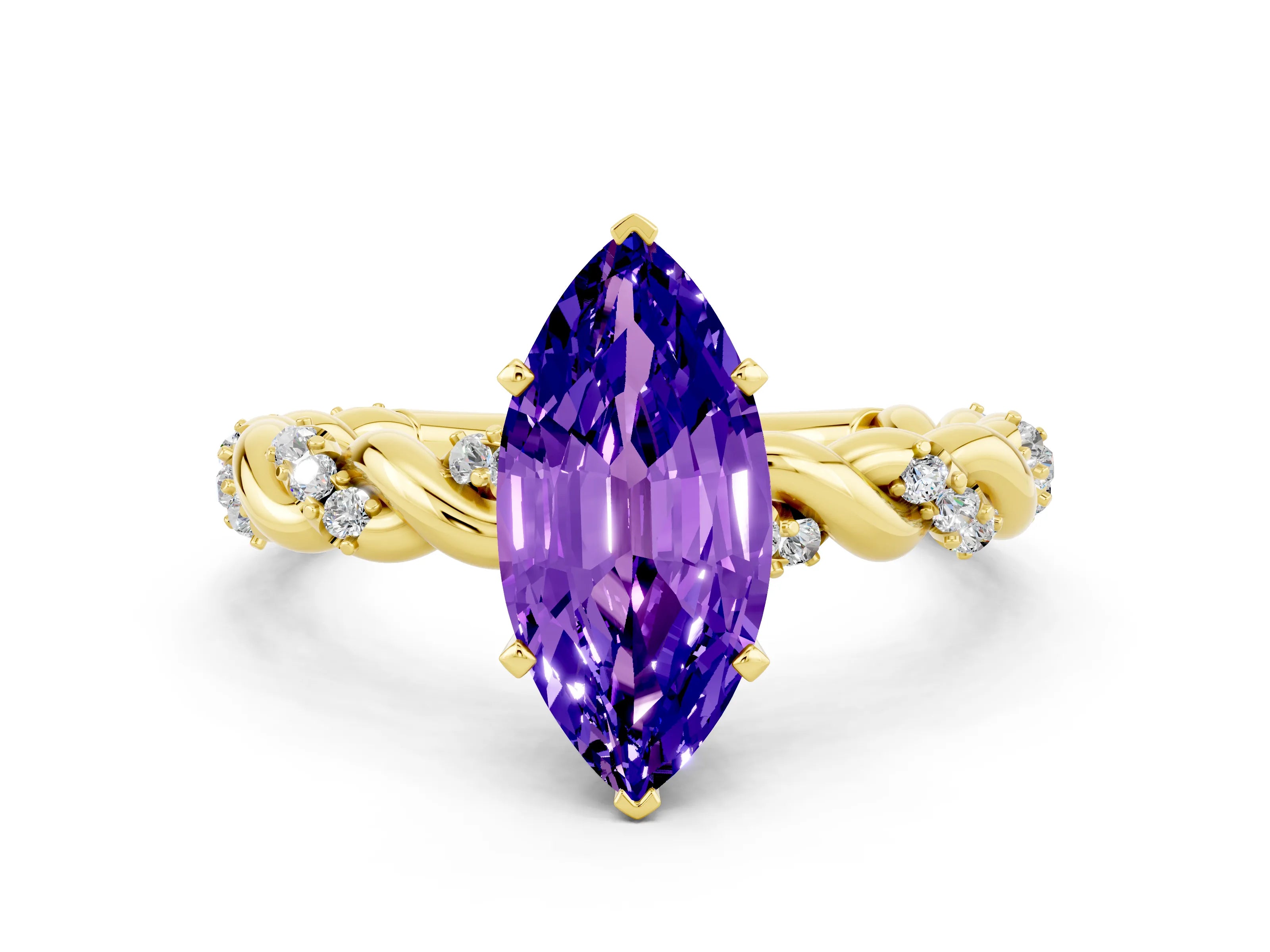 Yellow gold Marquise Cut Tanzanite Solitaire Ring with Twisted Band and Pavé Accents