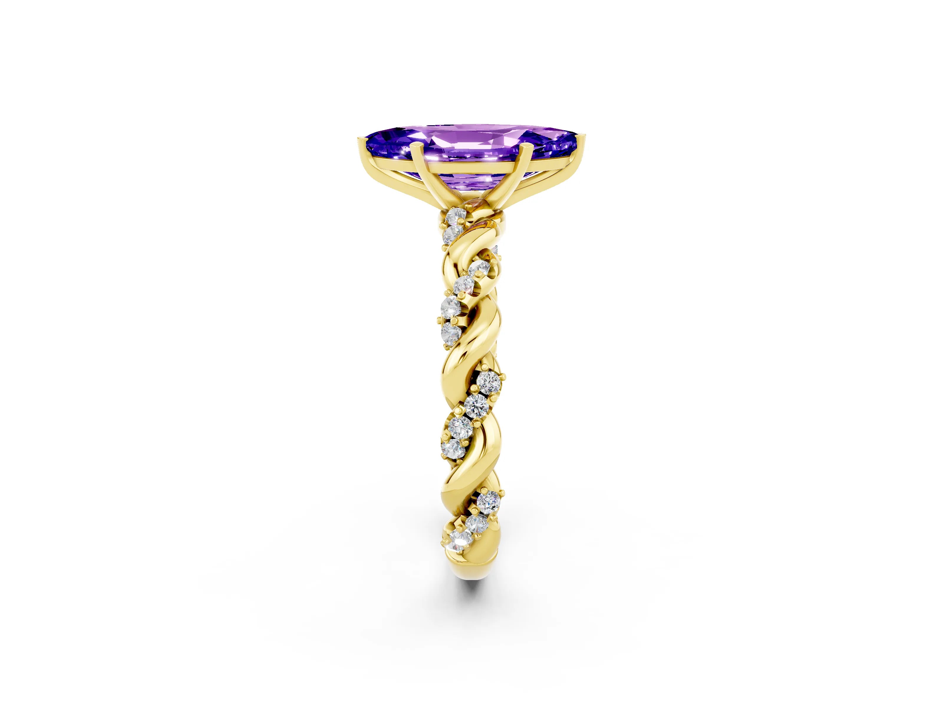 Yellow gold Marquise Cut Tanzanite Solitaire Ring with Twisted Band and Pavé Accents_2