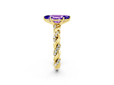 Yellow gold Marquise Cut Tanzanite Solitaire Ring with Twisted Band and Pavé Accents_2