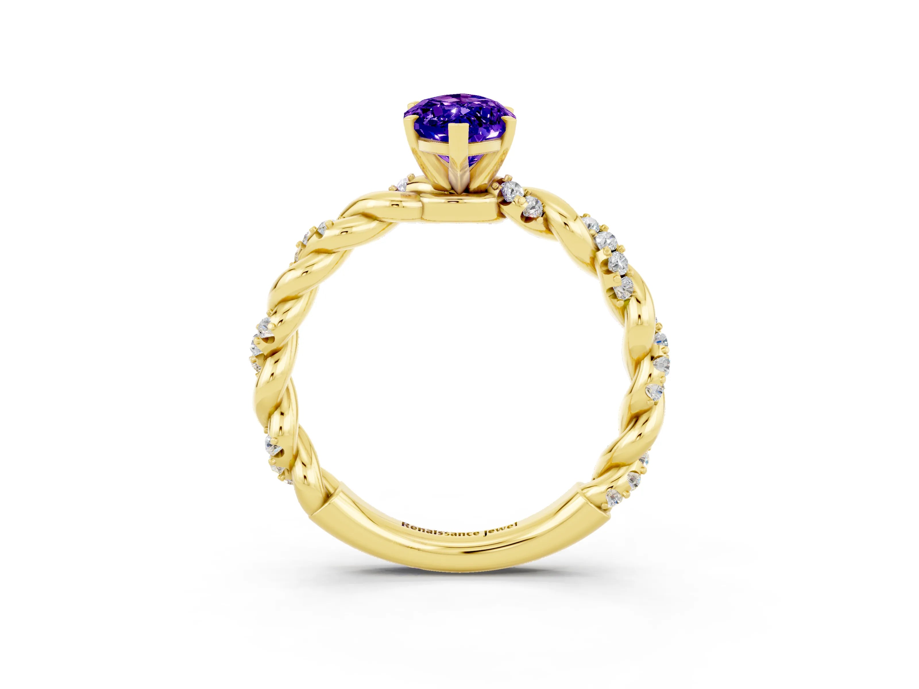 Yellow gold Marquise Cut Tanzanite Solitaire Ring with Twisted Band and Pavé Accents_3