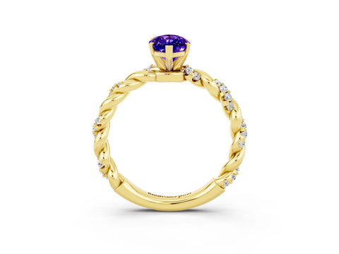 Yellow gold Marquise Cut Tanzanite Solitaire Ring with Twisted Band and Pavé Accents_3