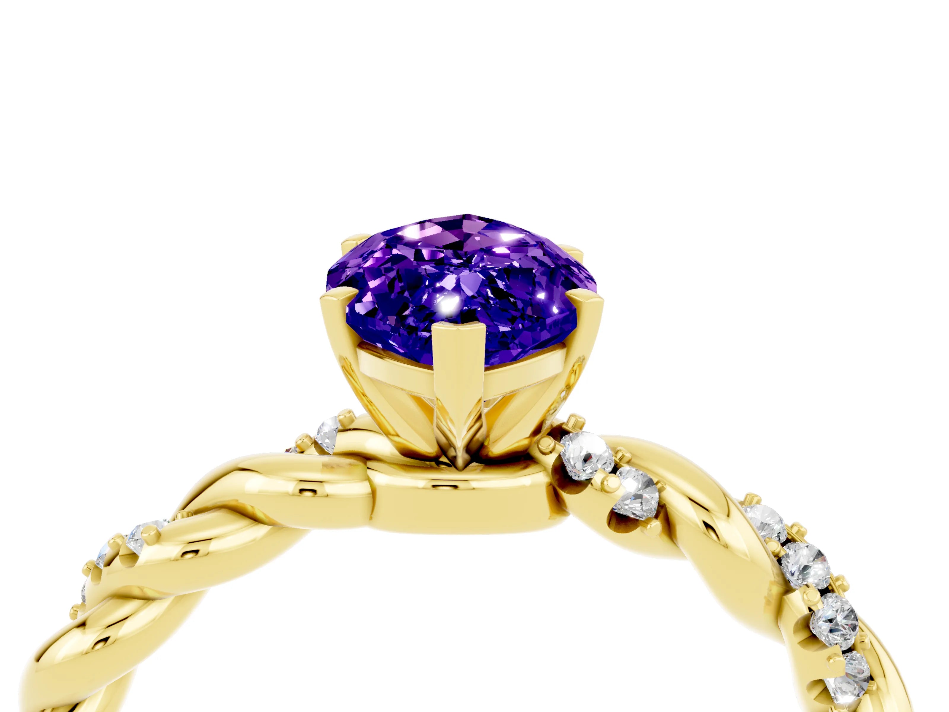 Yellow gold Marquise Cut Tanzanite Solitaire Ring with Twisted Band and Pavé Accents_4