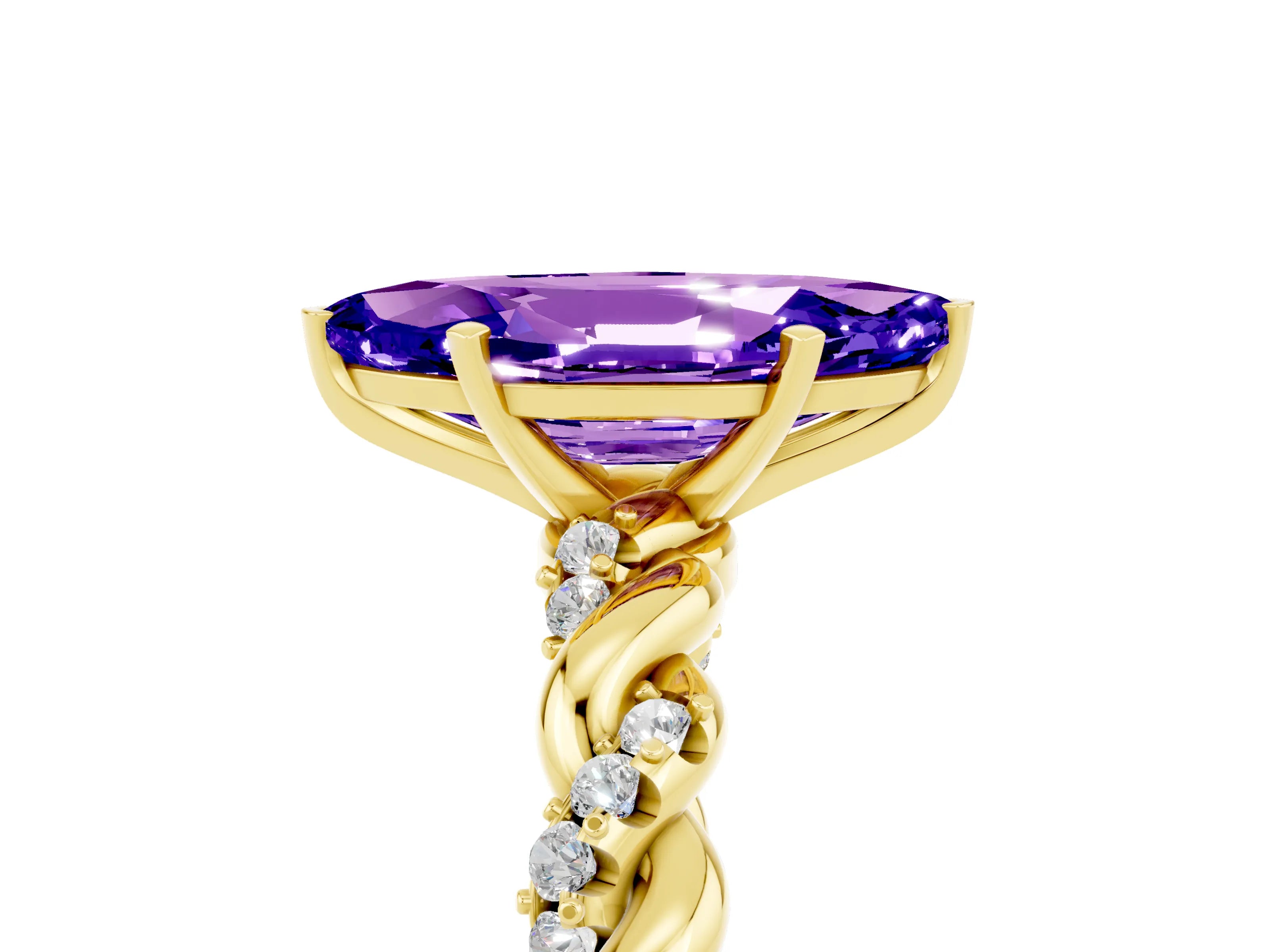 Yellow gold Marquise Cut Tanzanite Solitaire Ring with Twisted Band and Pavé Accents_5