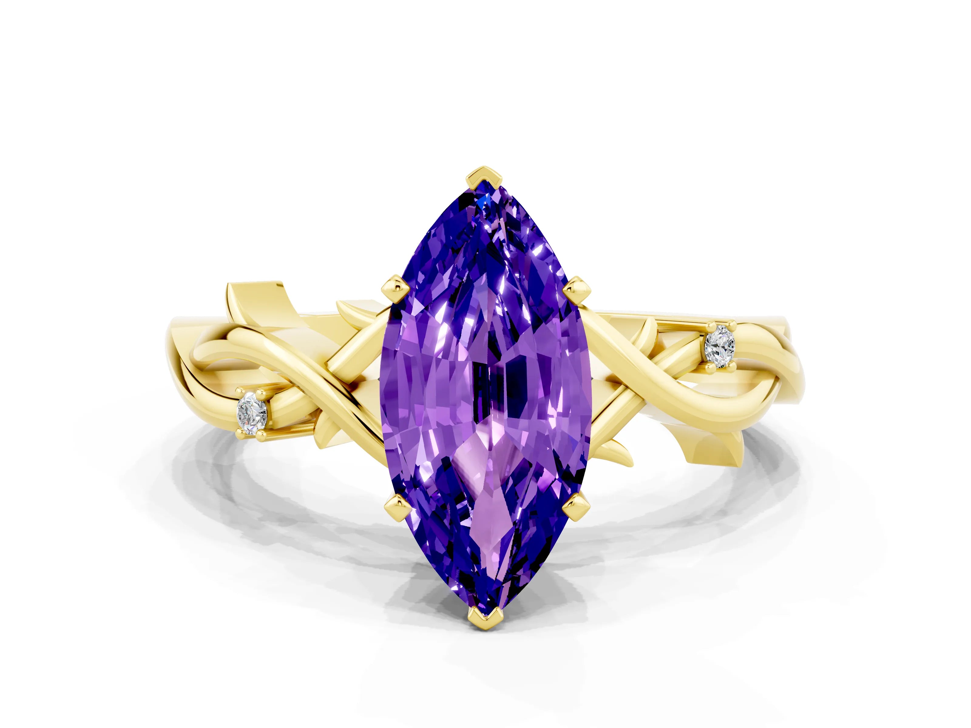 Yellow gold Marquise Cut Tanzanite Solitaire Ring with Twisted Band and Prong Setting