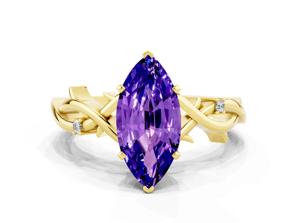 Yellow gold Marquise Cut Tanzanite Solitaire Ring with Twisted Band and Prong Setting