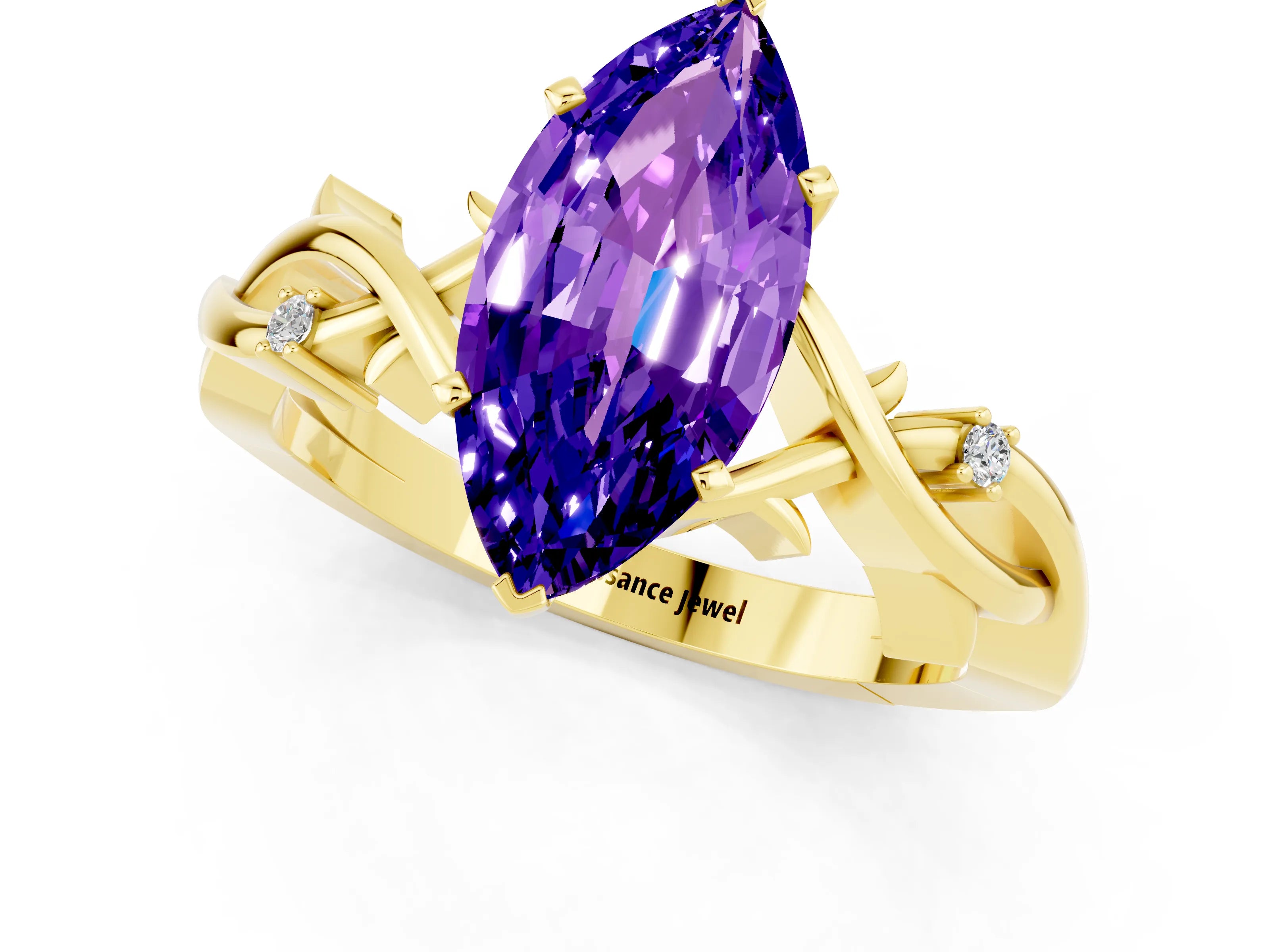 Yellow gold Marquise Cut Tanzanite Solitaire Ring with Twisted Band and Prong Setting_1