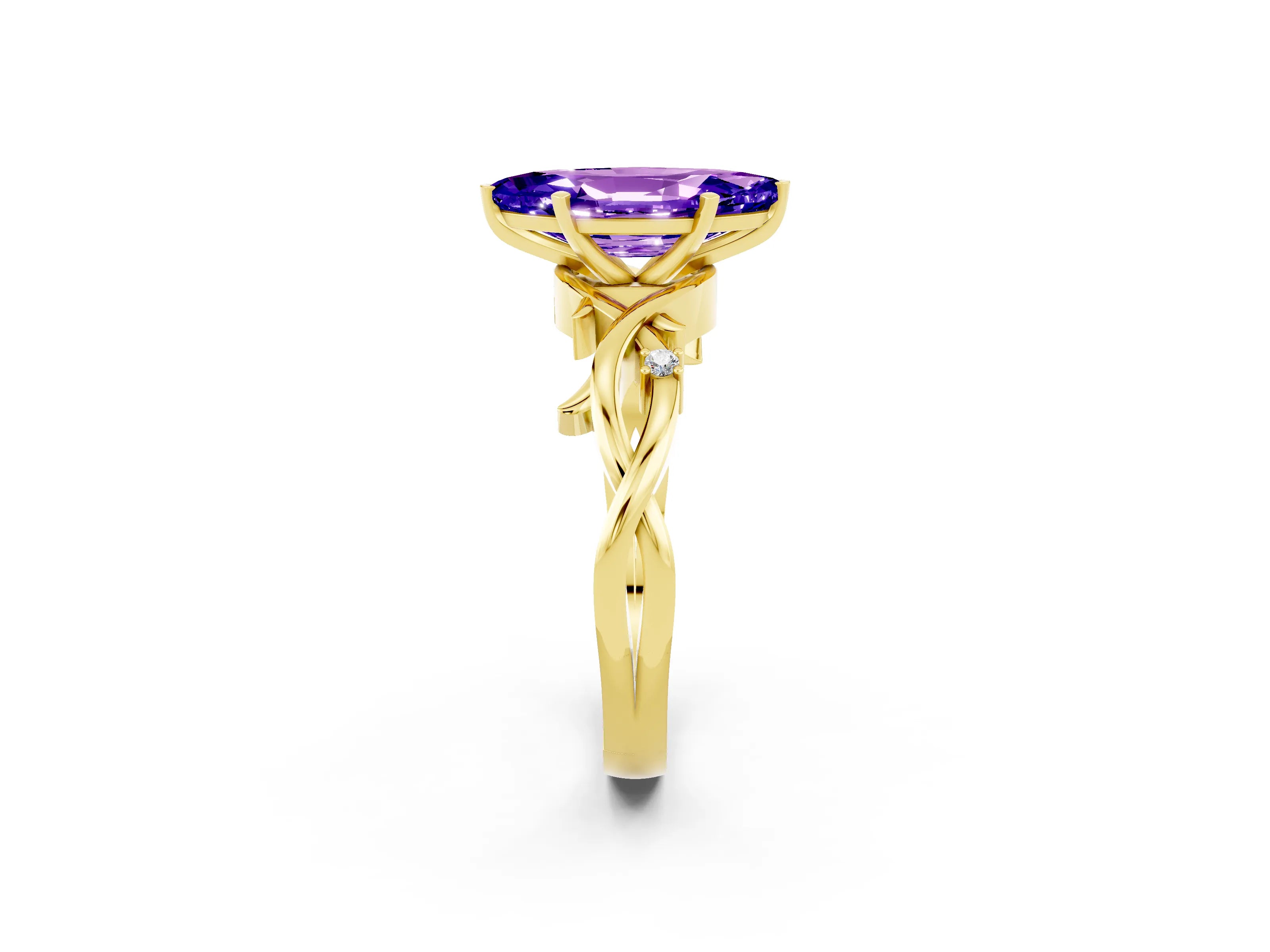 Yellow gold Marquise Cut Tanzanite Solitaire Ring with Twisted Band and Prong Setting_2
