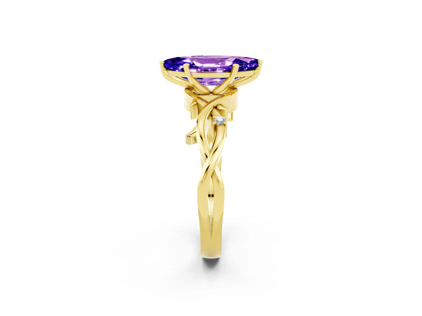 Yellow gold Marquise Cut Tanzanite Solitaire Ring with Twisted Band and Prong Setting
