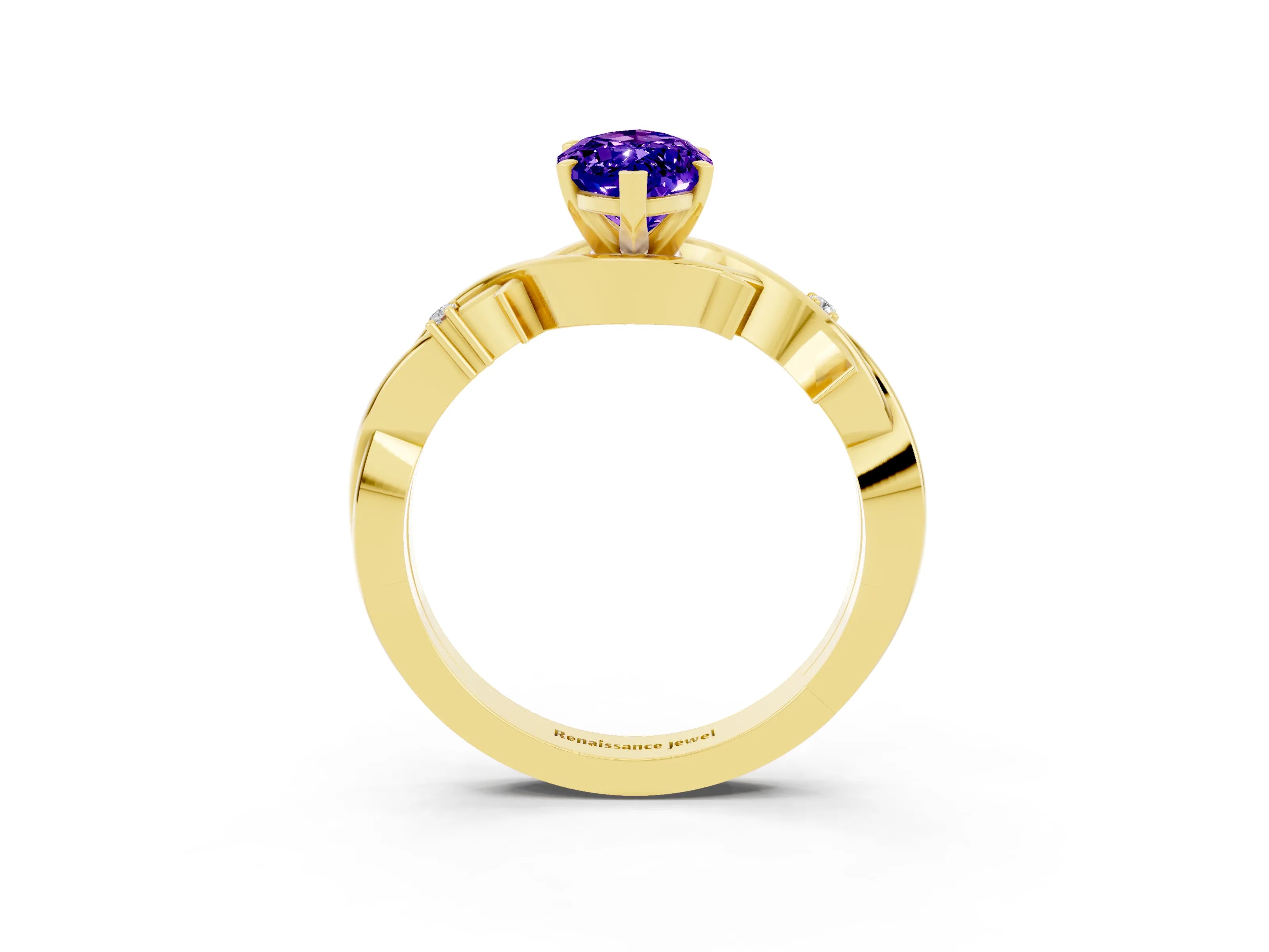 Yellow gold Marquise Cut Tanzanite Solitaire Ring with Twisted Band and Prong Setting_3